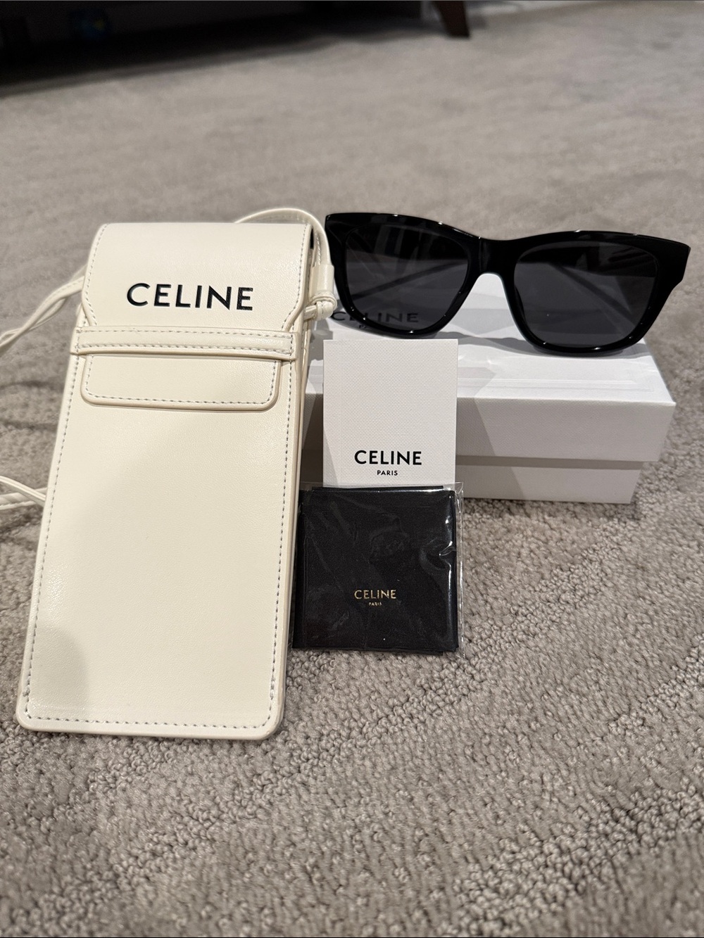 Celine Rectangle-Frame Acetate Sunglasses with White Case